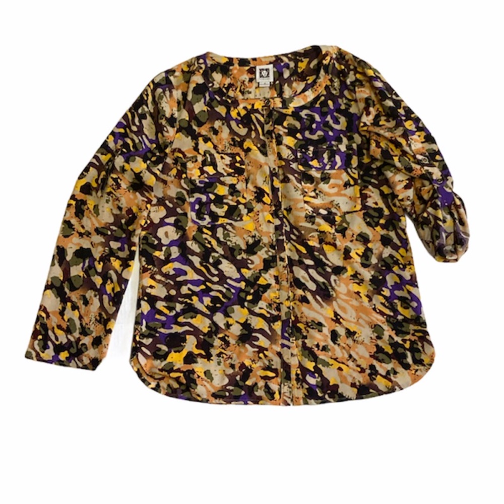 Anne Klein Blouse Safari Printed Button Sleeve Medium